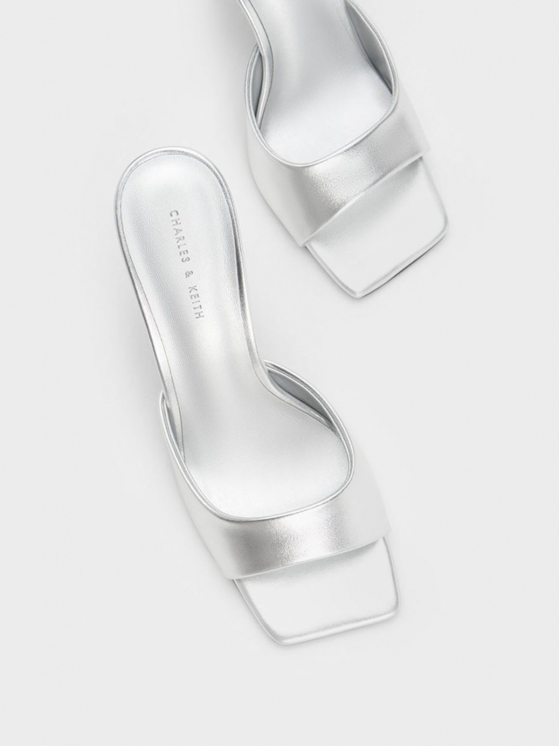 Charles & Keith Clear Flared Heel Metallic Mules Silber | 832NQCJXM