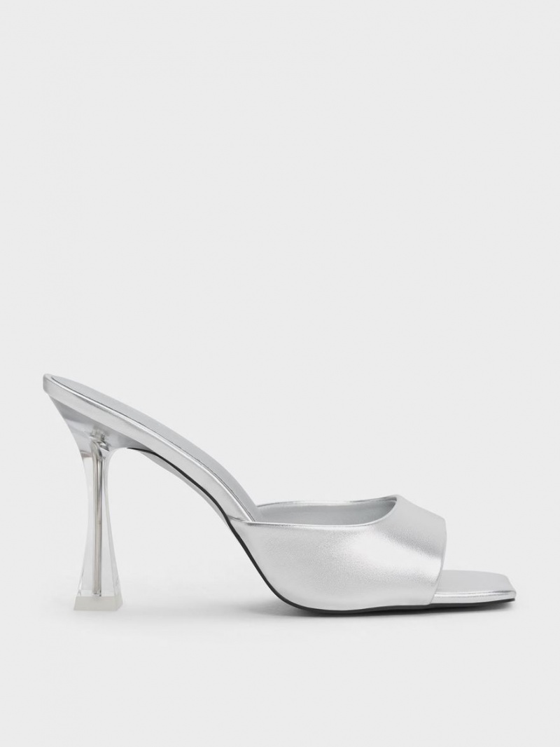 Charles & Keith Clear Flared Heel Metallic Mules Silber | 832NQCJXM