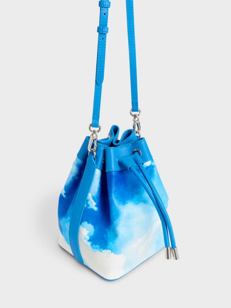 Charles & Keith Cloud-Print Braided-Handle Drawstring Bucket Tasche Blau | 835ZAWVYO