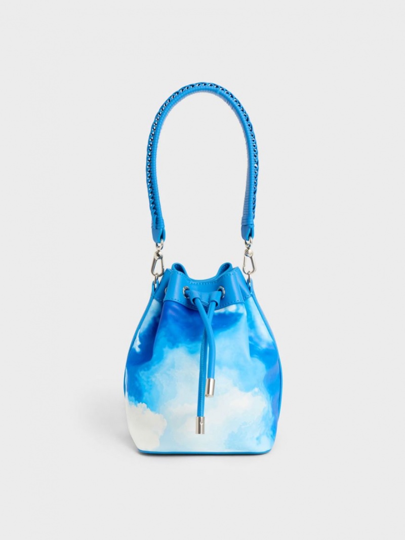 Charles & Keith Cloud-Print Braided-Handle Drawstring Bucket Tasche Blau | 835ZAWVYO