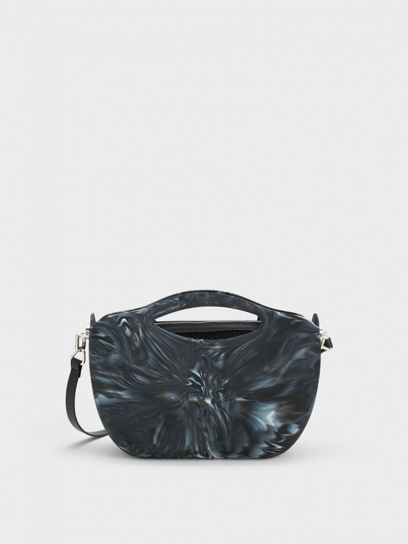 Charles & Keith Cocoon Curved Handle Printed Tragetaschen Schwarz | 509AJWXZS