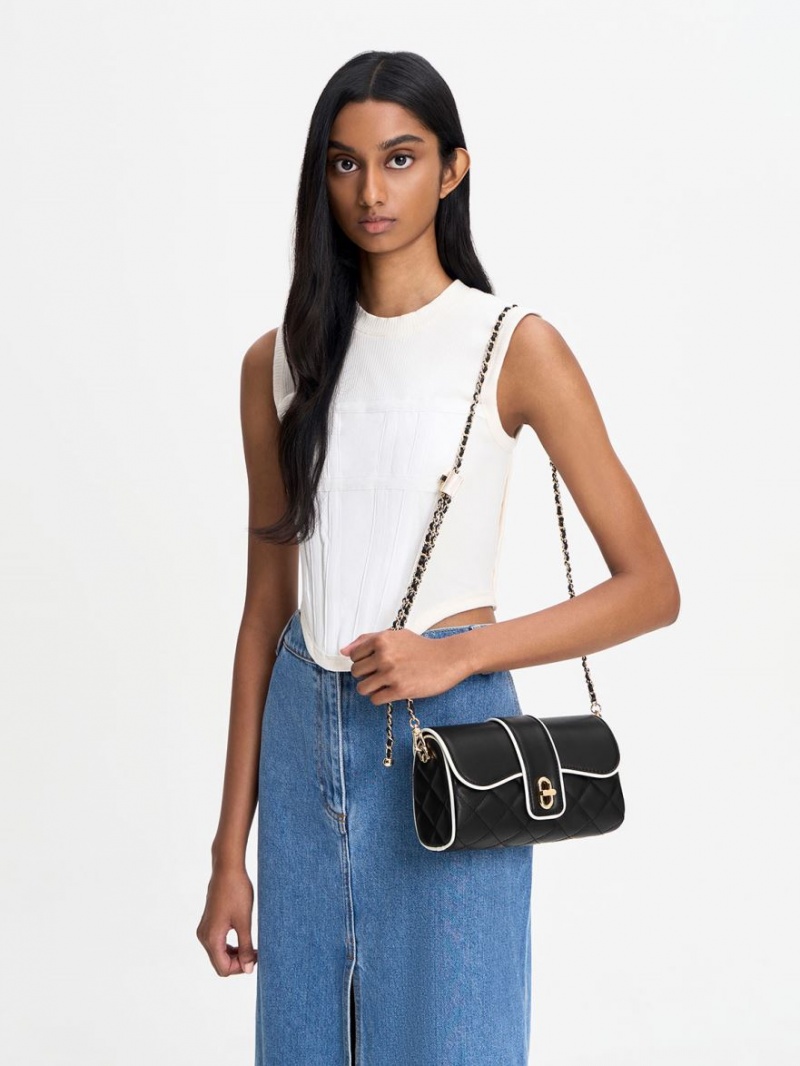 Charles & Keith Contrast-Trim Belted Crossbody Taschen Schwarz | 152XICEAQ