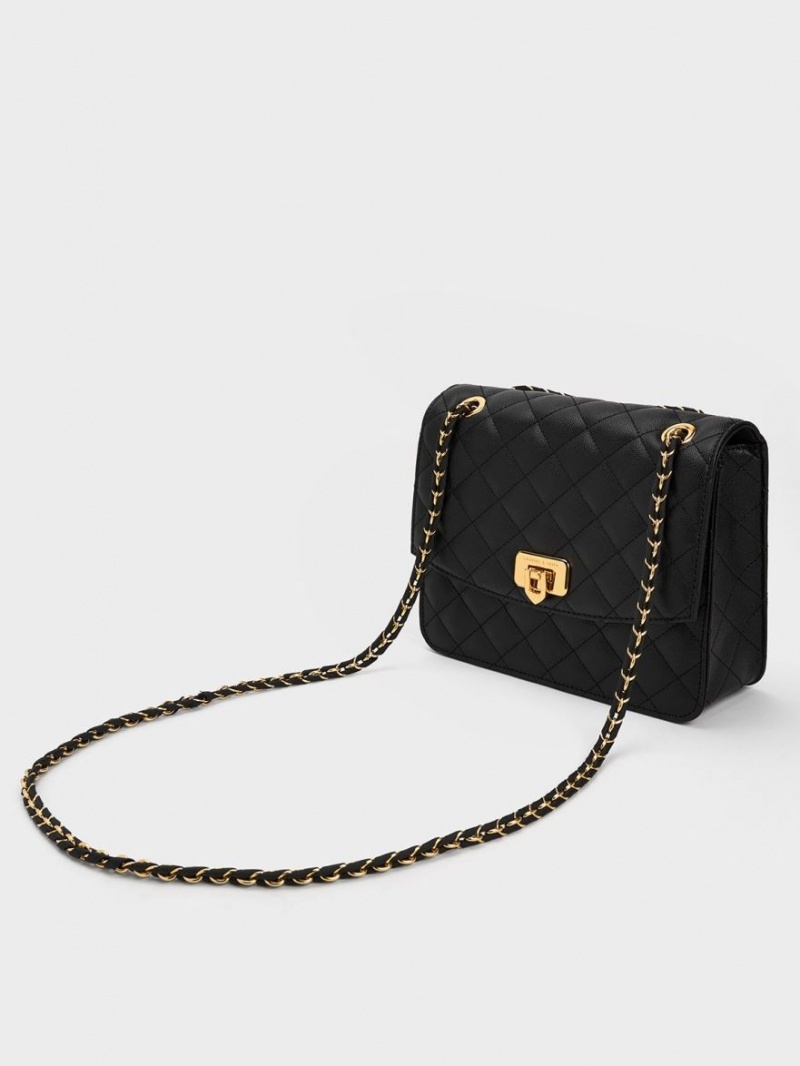 Charles & Keith Cressida Gesteppt Chain Riemen Schultertaschen Schwarz | 846SUWQGV