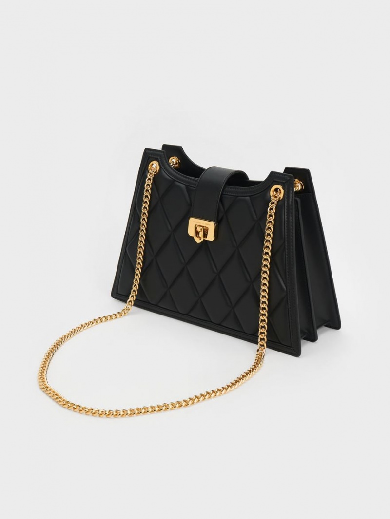 Charles & Keith Cressida Gesteppt Trapeze Chain Schultertaschen Schwarz | 836BVUGKN