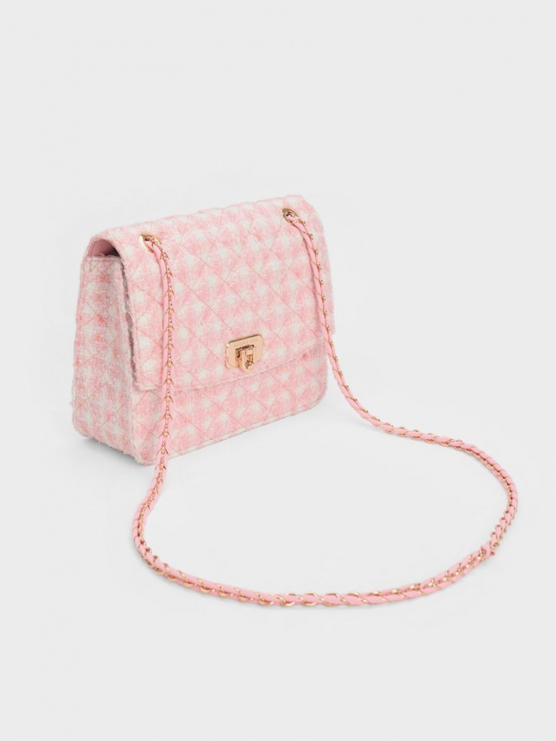 Charles & Keith Cressida Tweed Chain Riemen Schultertaschen Rosa | 089VZUALE