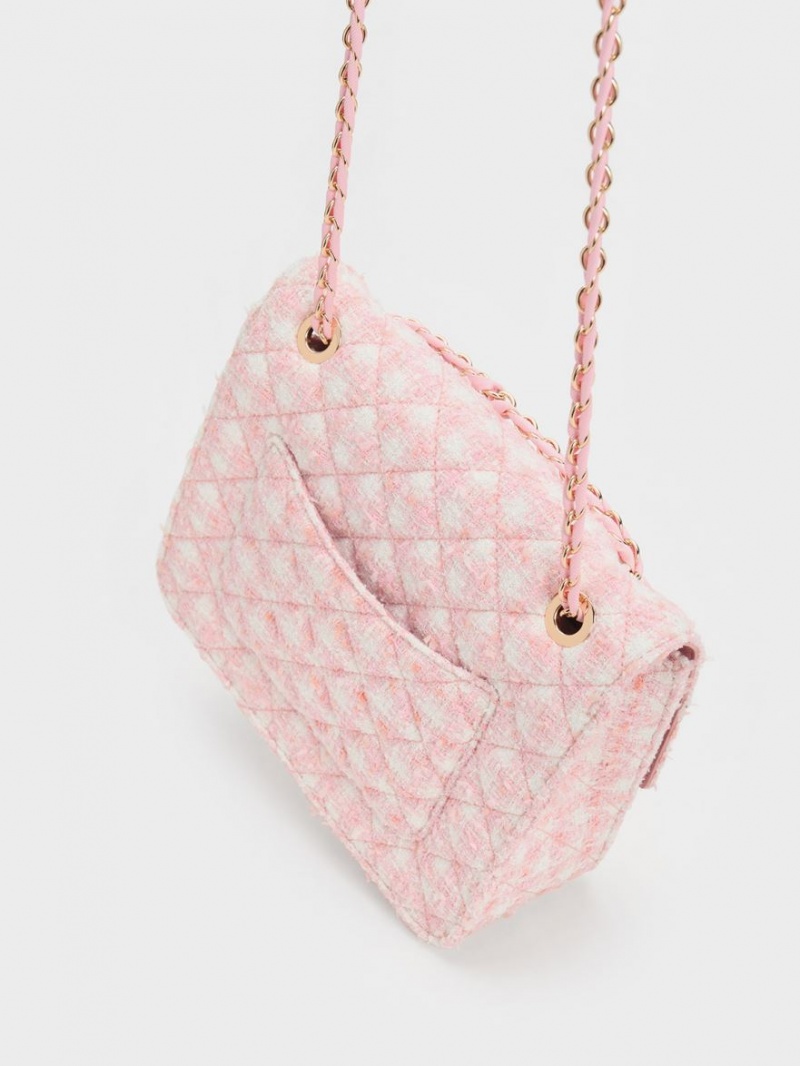 Charles & Keith Cressida Tweed Chain Riemen Schultertaschen Rosa | 089VZUALE