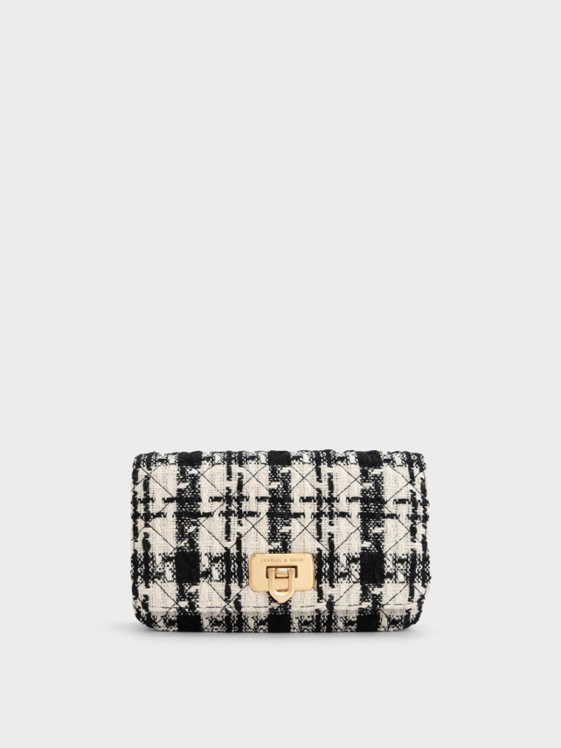 Charles & Keith Cressida Tweed Push-Lock Clutch Tasche Schwarz Weiß | 691JGDNFV