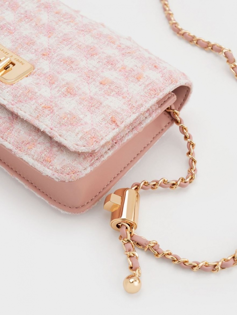 Charles & Keith Cressida Tweed Push-Lock Clutch Tasche Rosa | 697LREYMC