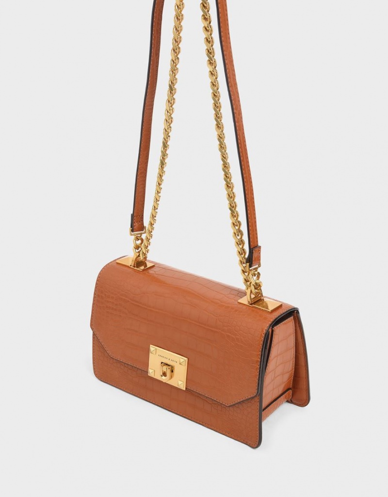 Charles & Keith Croc-Effect Chain Riemen Crossbody Taschen Braun | 195MYSVEI