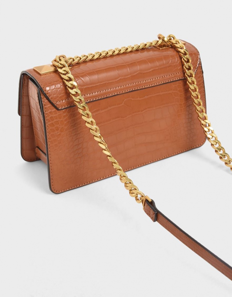 Charles & Keith Croc-Effect Chain Riemen Crossbody Taschen Braun | 195MYSVEI