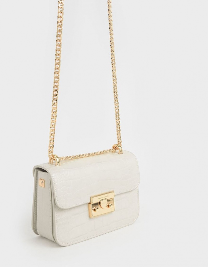 Charles & Keith Croc-Effect Chain Riemen Crossbody Taschen Weiß | 427YDJMKO