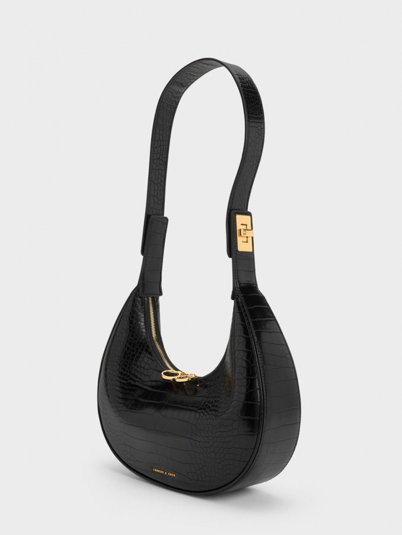 Charles & Keith Croc-Embossed Crescent Hobo Tasche Schwarz | 621QDGVLT