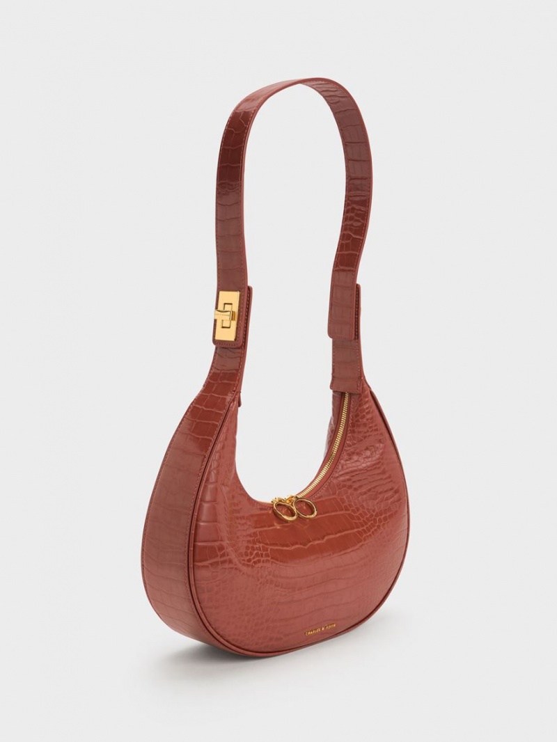 Charles & Keith Croc-Embossed Crescent Hobo Tasche Braun | 346LNARQB