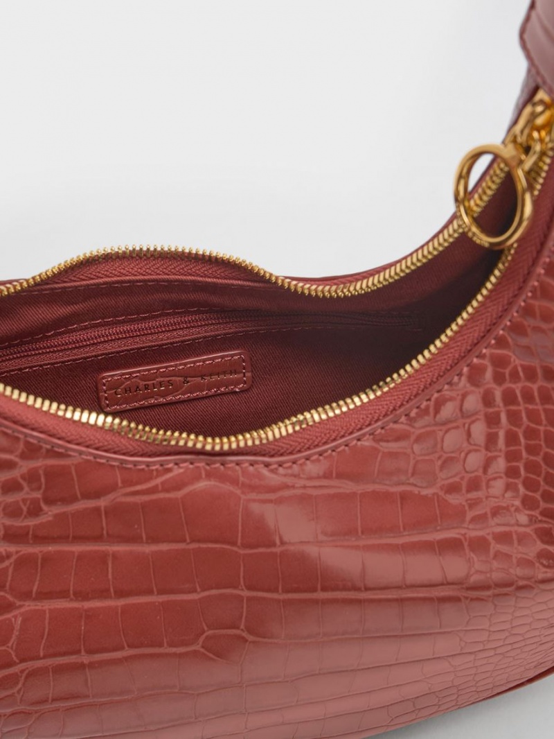 Charles & Keith Croc-Embossed Crescent Hobo Tasche Braun | 346LNARQB