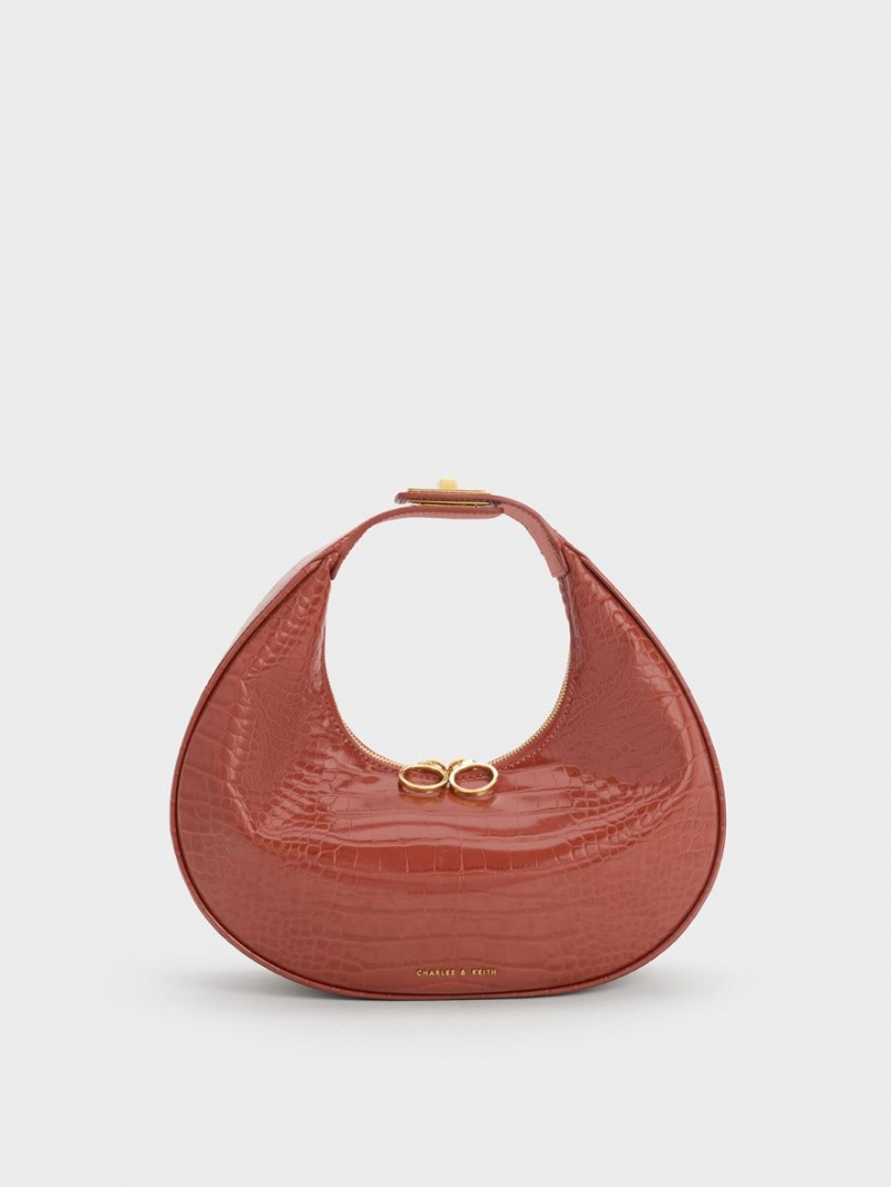 Charles & Keith Croc-Embossed Crescent Hobo Tasche Braun | 346LNARQB