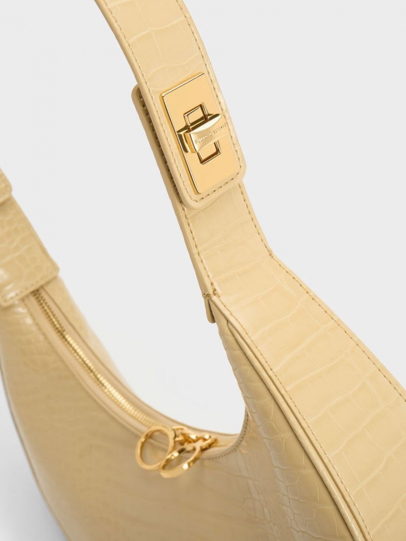 Charles & Keith Croc-Embossed Crescent Hobo Tasche Beige | 012PGZLUI