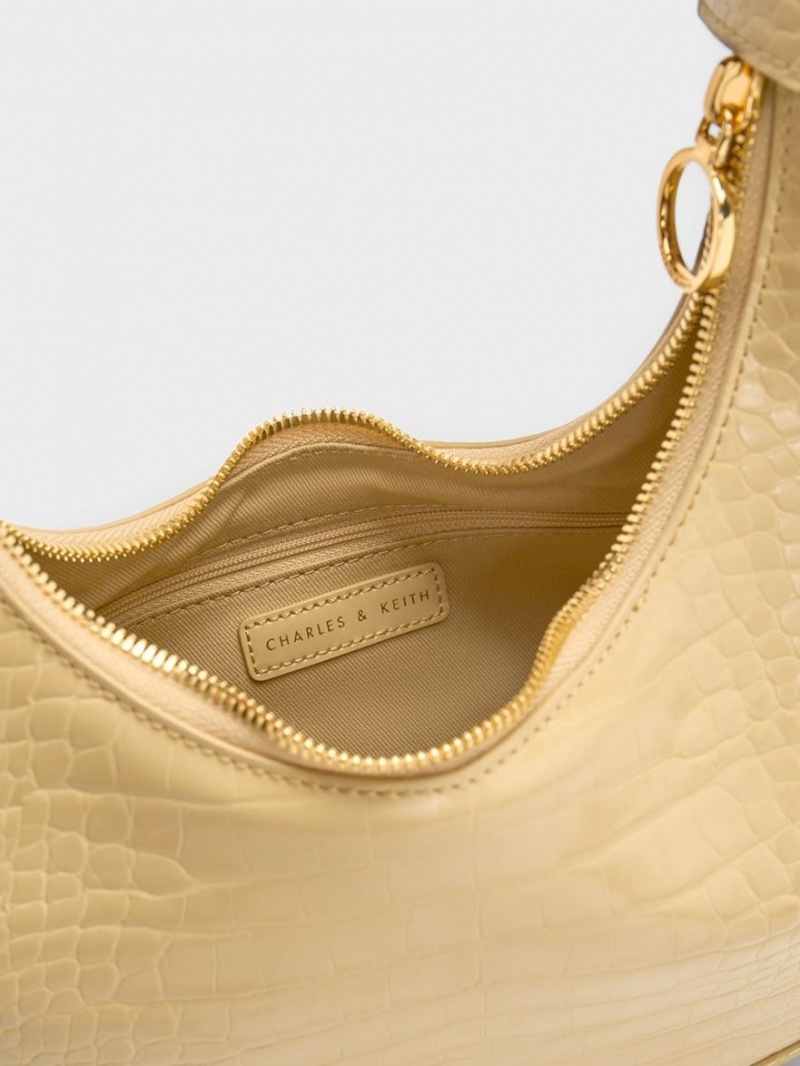 Charles & Keith Croc-Embossed Crescent Hobo Tasche Beige | 012PGZLUI