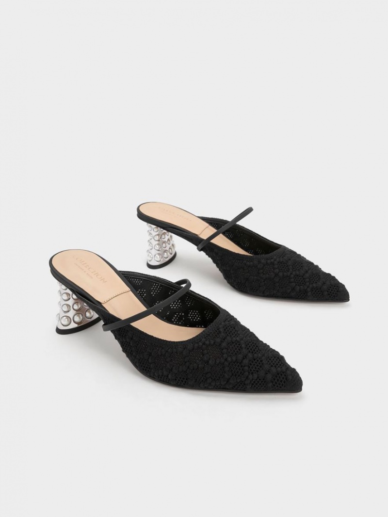 Charles & Keith Crochet & Leder Beaded Heel Mules Schwarz | 962FOWAXU