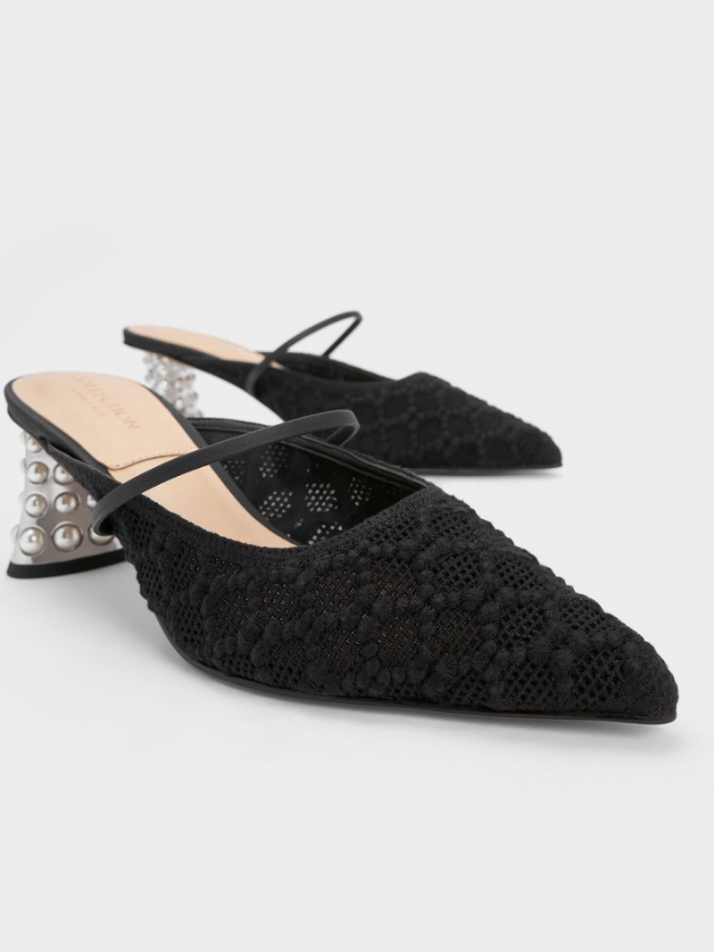 Charles & Keith Crochet & Leder Beaded Heel Mules Schwarz | 962FOWAXU