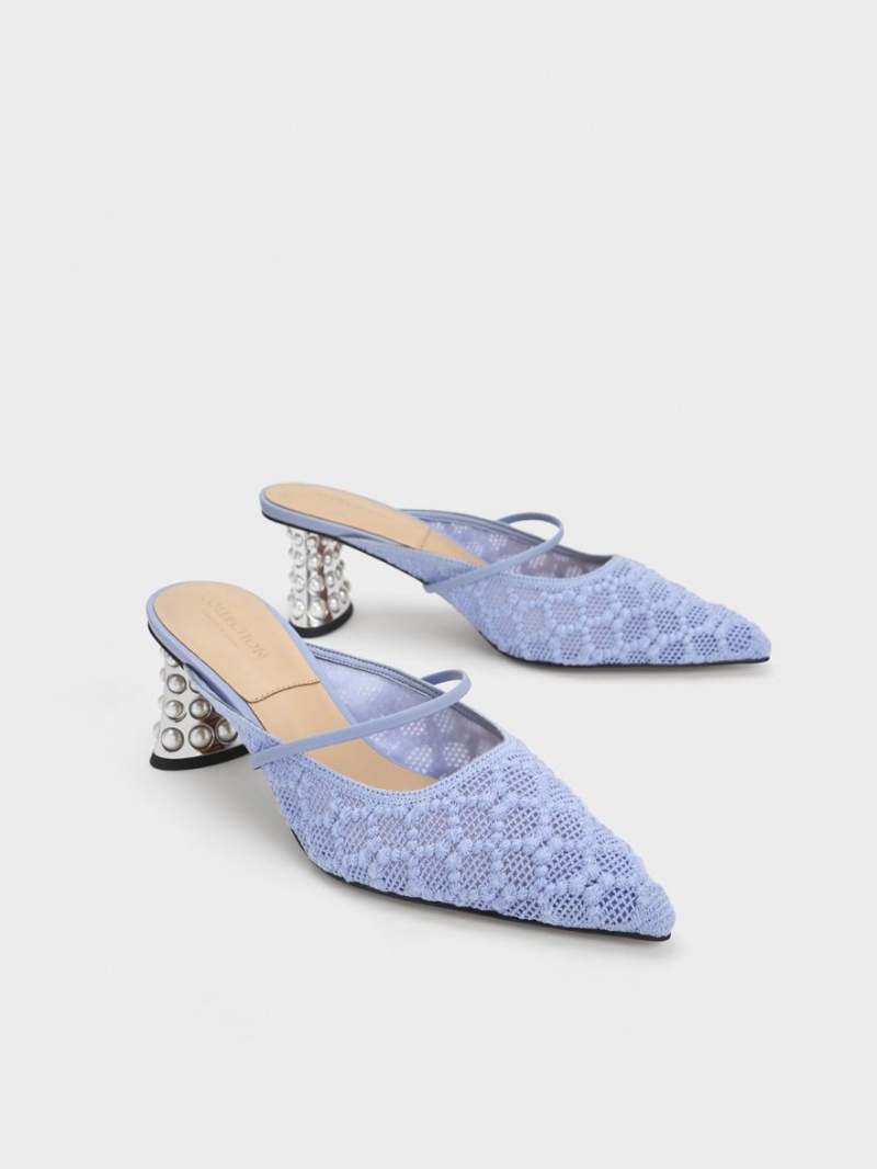 Charles & Keith Crochet & Leder Beaded Heel Mules Blau | 196VYAMZE