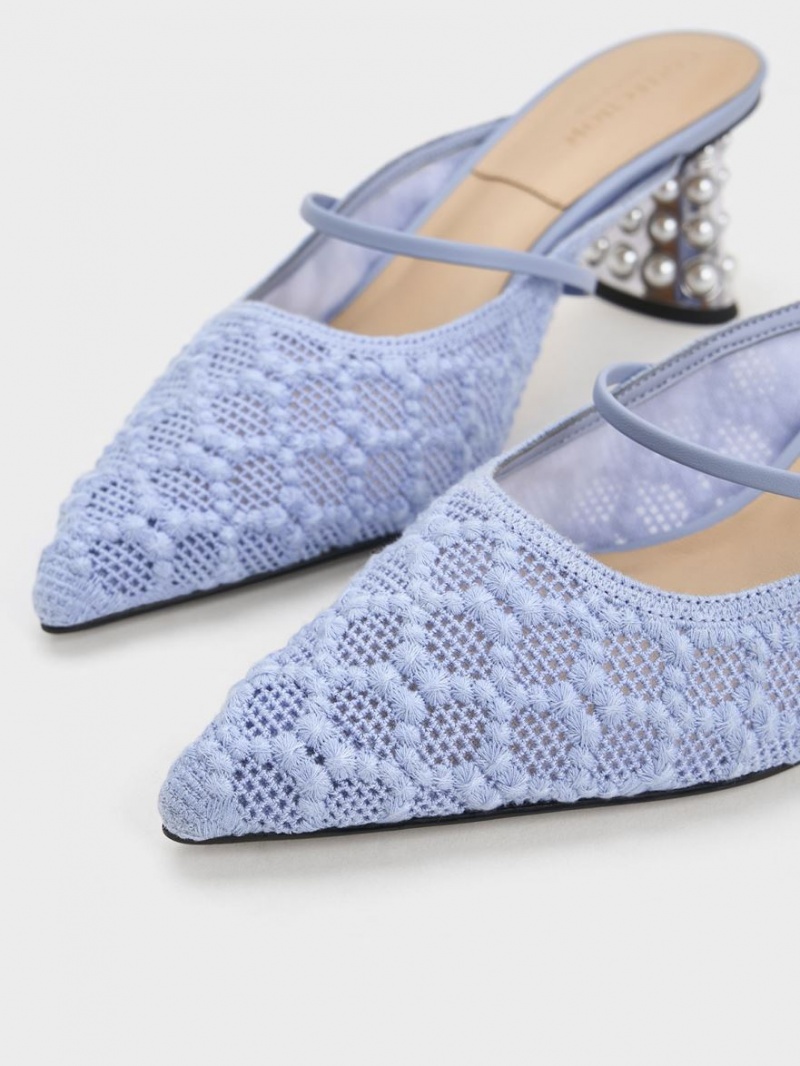 Charles & Keith Crochet & Leder Beaded Heel Mules Blau | 196VYAMZE