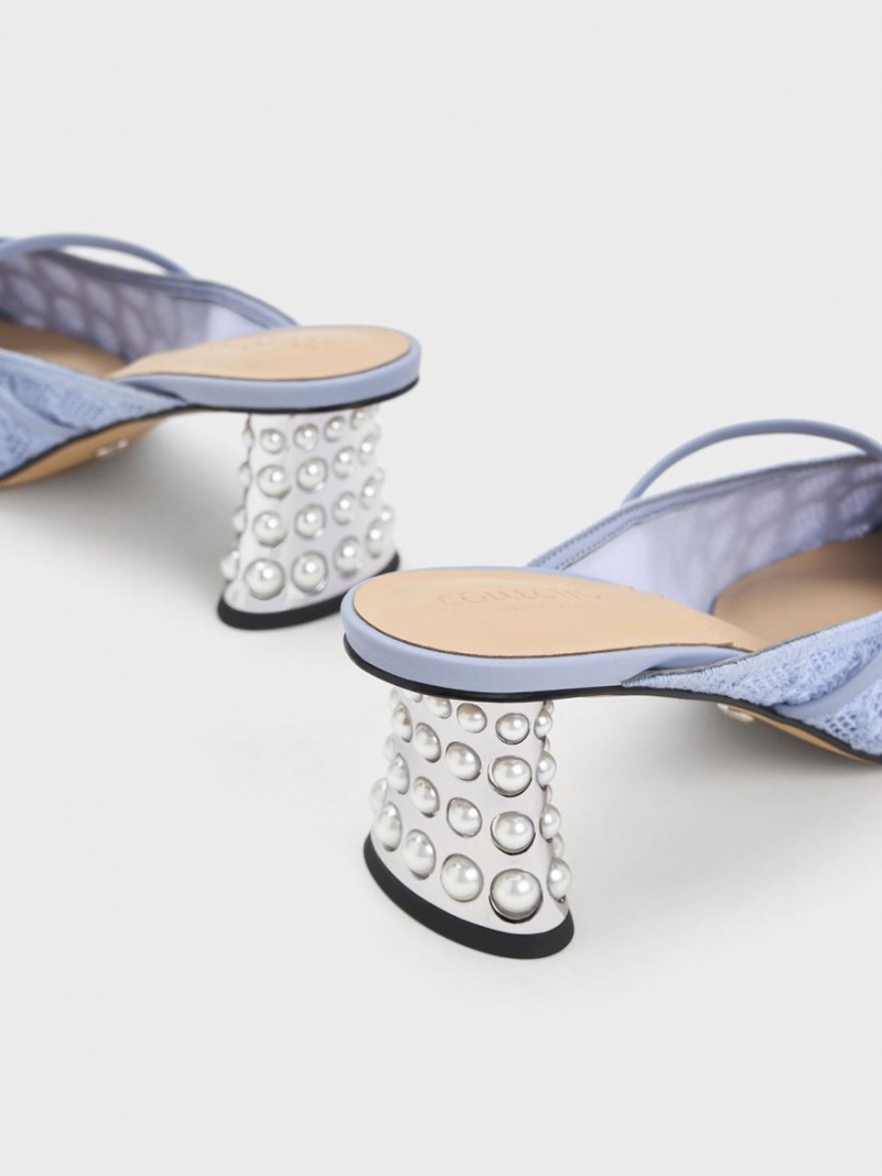 Charles & Keith Crochet & Leder Beaded Heel Mules Blau | 196VYAMZE