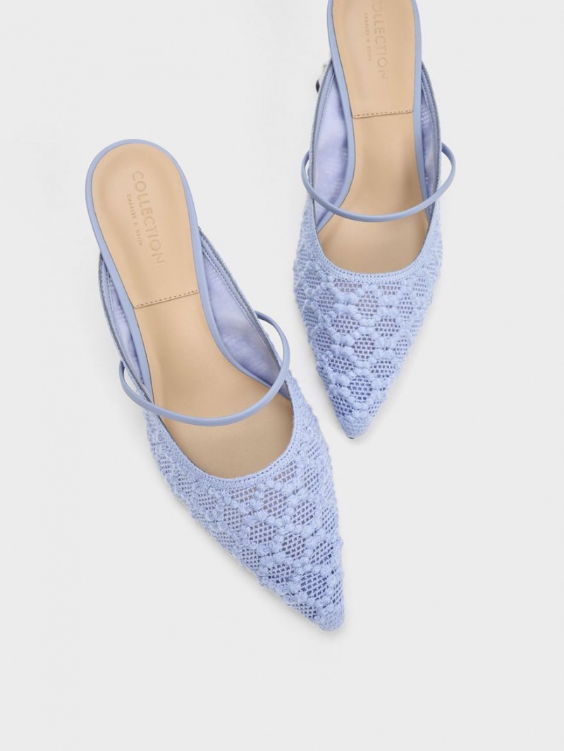 Charles & Keith Crochet & Leder Beaded Heel Mules Blau | 196VYAMZE