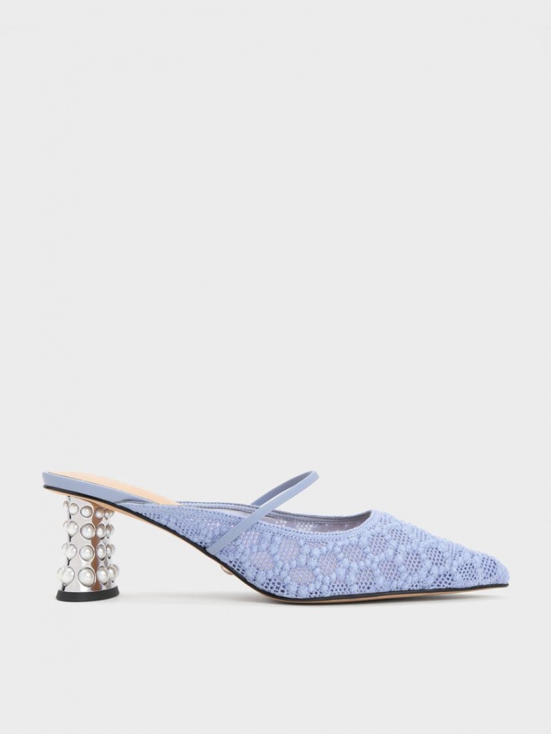 Charles & Keith Crochet & Leder Beaded Heel Mules Blau | 196VYAMZE