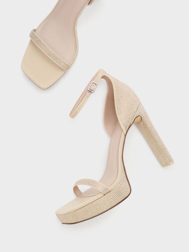 Charles & Keith Crystal Ankle-Riemen Plateausandalen Beige | 138RAWVYM