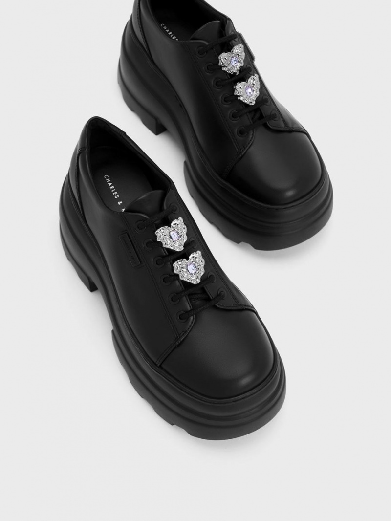 Charles & Keith Crystal Heart-Motif Spitze-Up Oxfords Plateau Stiefel Schwarz | 247UGSXNQ