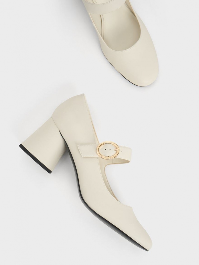 Charles & Keith Cylindrical Block Heel Mary Jane Schuhe Weiß | 029GTWUOC