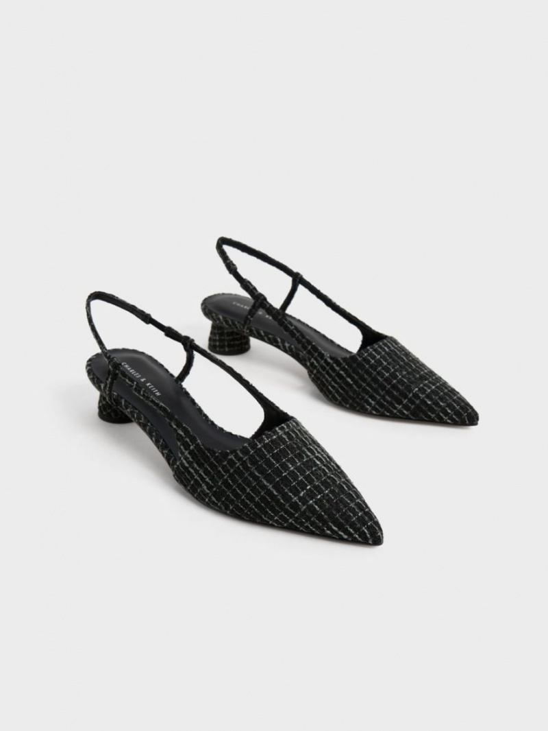 Charles & Keith Cylindrical Heel Tweed Slingback Pumps Schwarz | 619XIOBMZ