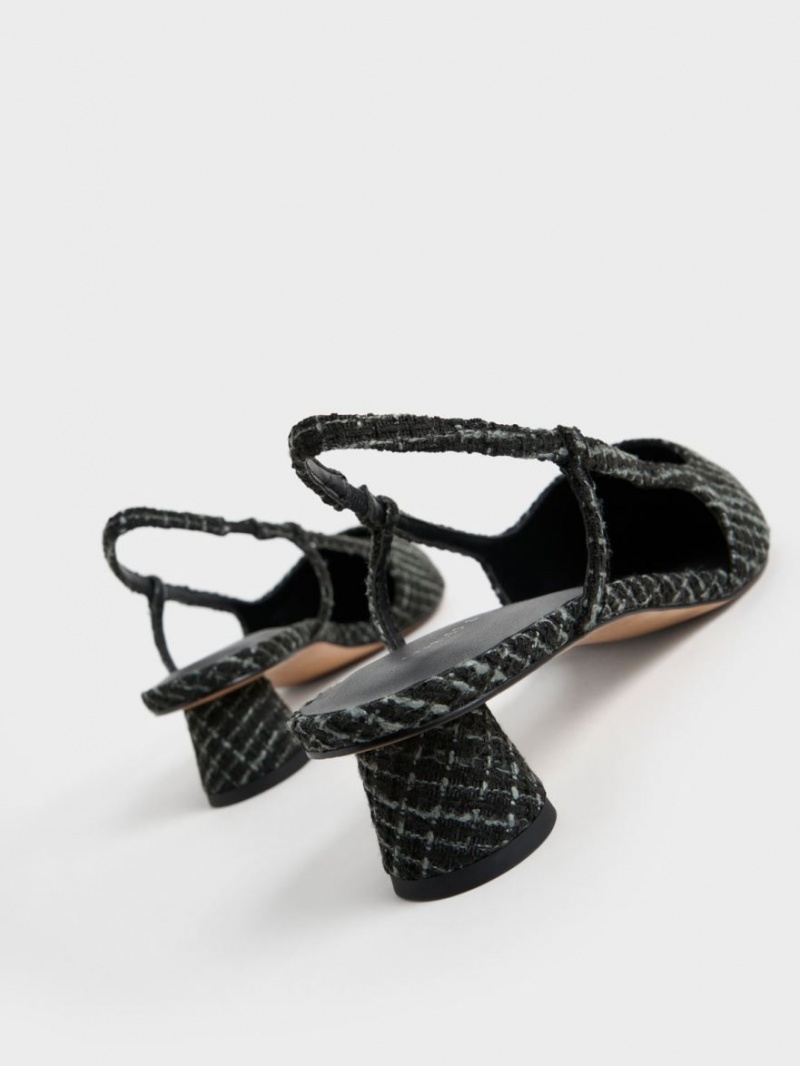 Charles & Keith Cylindrical Heel Tweed Slingback Pumps Schwarz | 619XIOBMZ