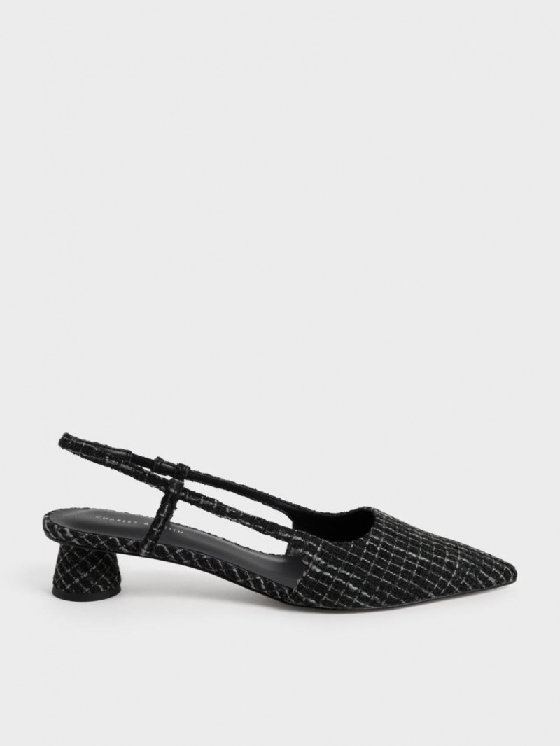 Charles & Keith Cylindrical Heel Tweed Slingback Pumps Schwarz | 619XIOBMZ