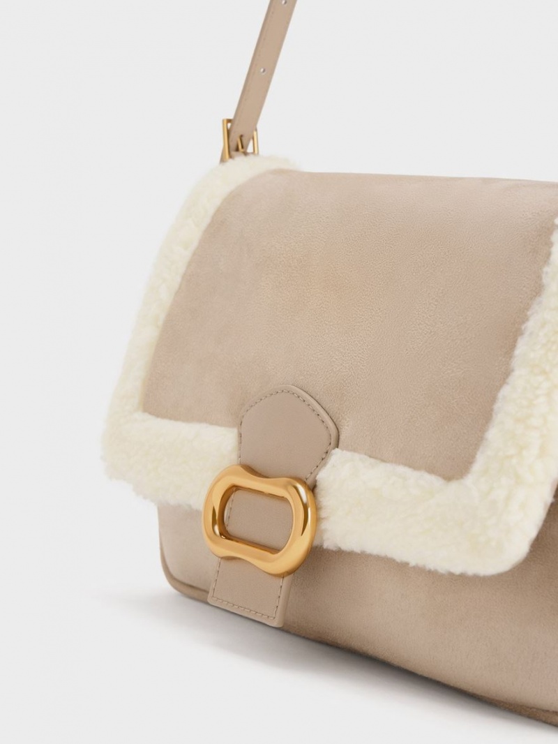 Charles & Keith Daki Fur-Trim Belted Trapeze Schultertaschen Beige | 064HDECSO