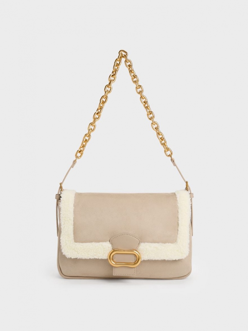 Charles & Keith Daki Fur-Trim Belted Trapeze Schultertaschen Beige | 064HDECSO