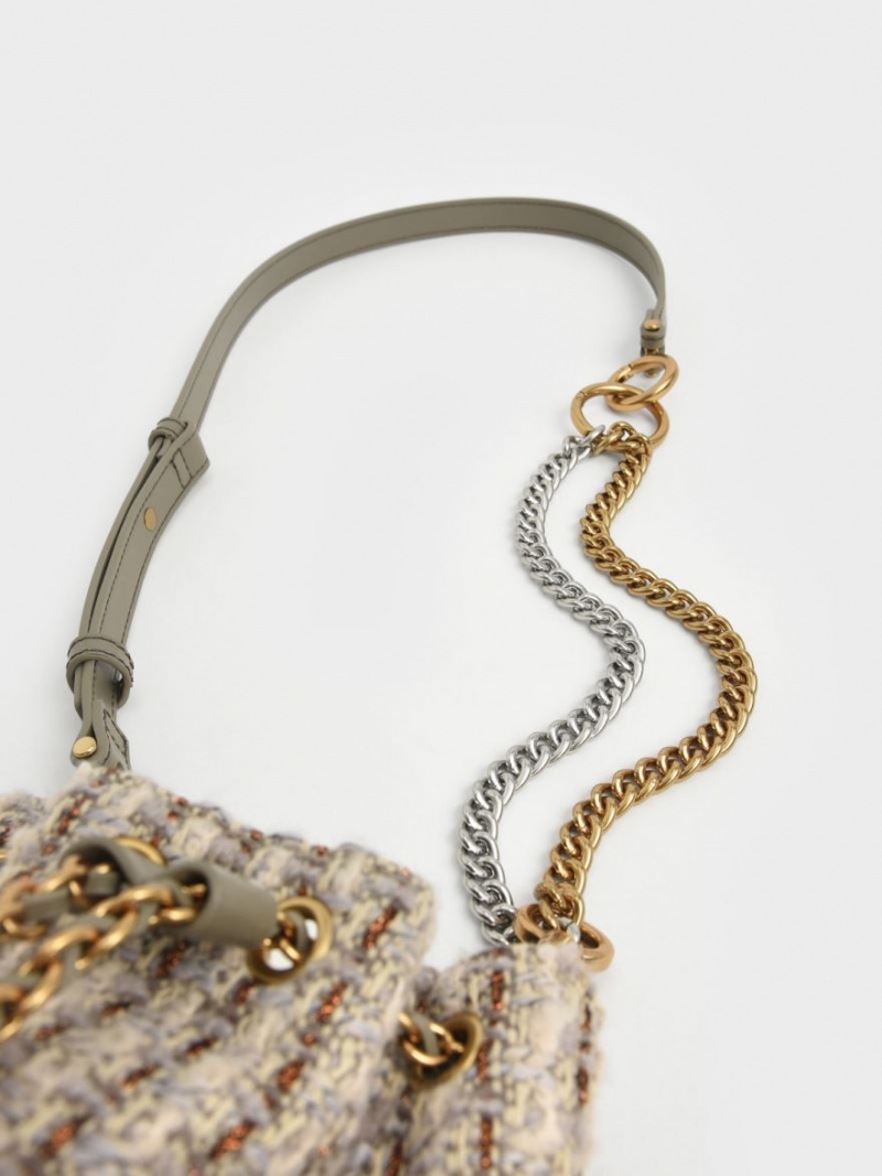 Charles & Keith Dancer Chunky Chain Tweed Bucket Tasche Grau | 601HJMYFI