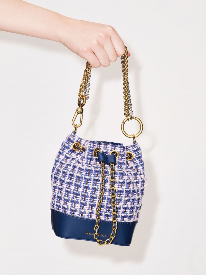 Charles & Keith Dancer Tweed Drawstring Bucket Tasche Navy | 684IVAGHU