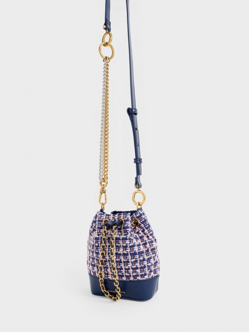 Charles & Keith Dancer Tweed Drawstring Bucket Tasche Navy | 684IVAGHU