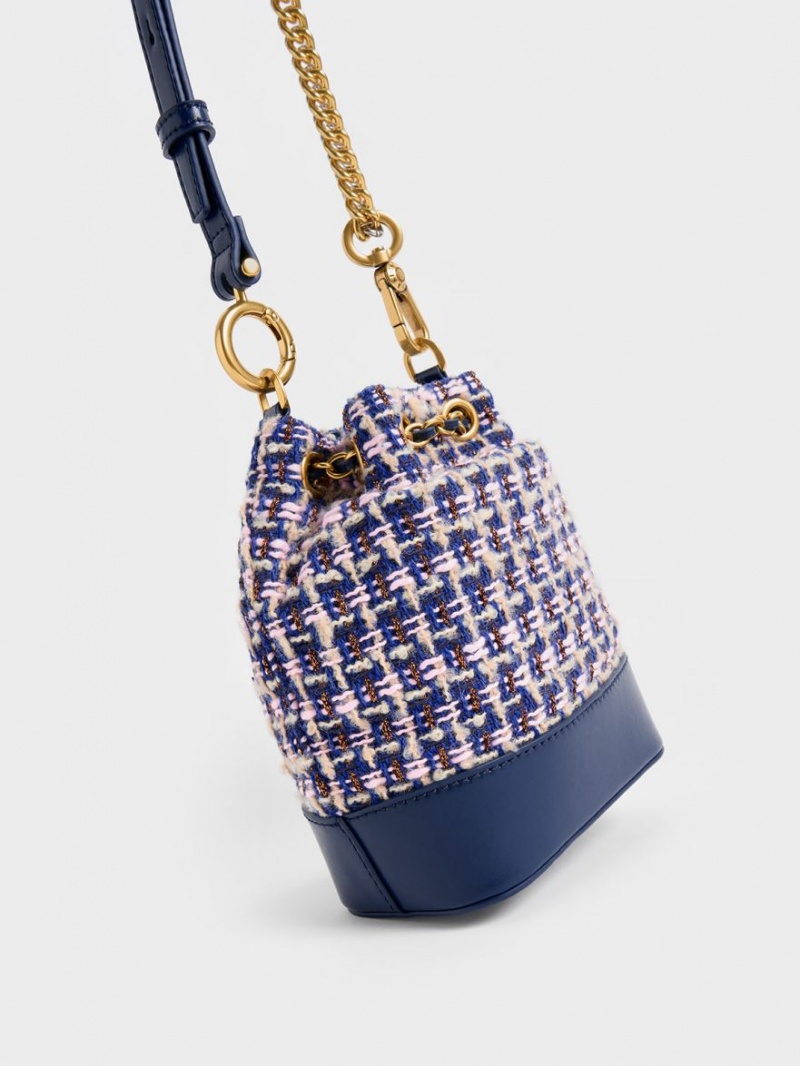 Charles & Keith Dancer Tweed Drawstring Bucket Tasche Navy | 684IVAGHU