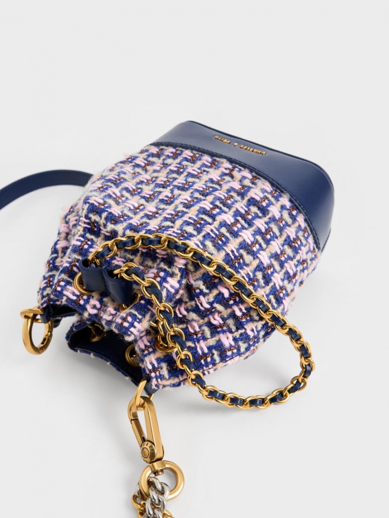 Charles & Keith Dancer Tweed Drawstring Bucket Tasche Navy | 684IVAGHU