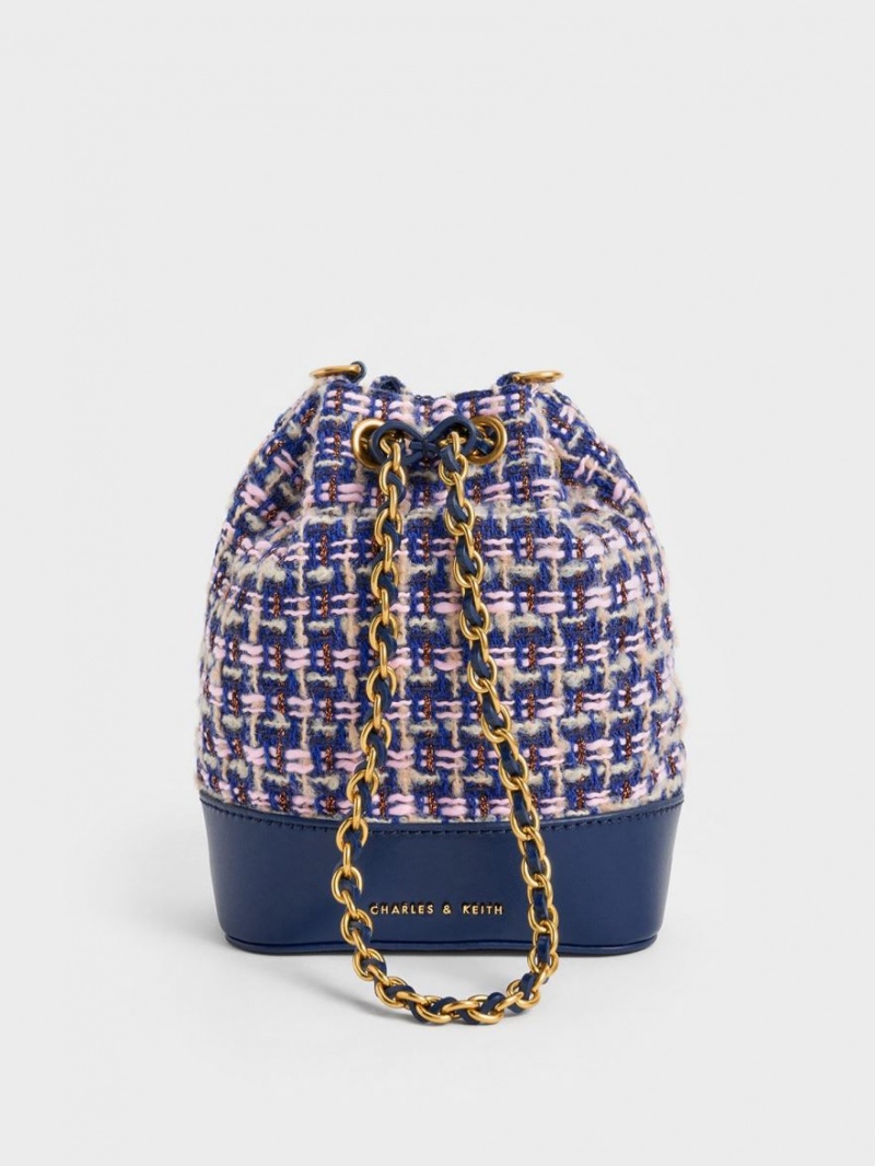 Charles & Keith Dancer Tweed Drawstring Bucket Tasche Navy | 684IVAGHU