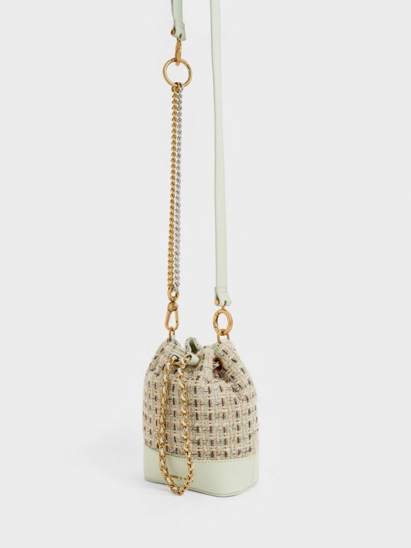 Charles & Keith Dancer Tweed Drawstring Bucket Tasche Mintfarben | 967UCOGBM