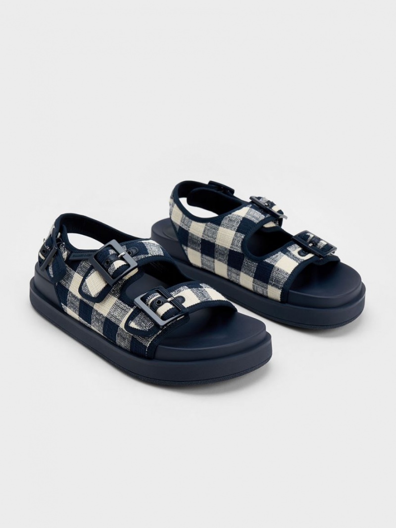 Charles & Keith Della Gingham Buckled Plateausandalen Dunkelblau | 321JHUXKW