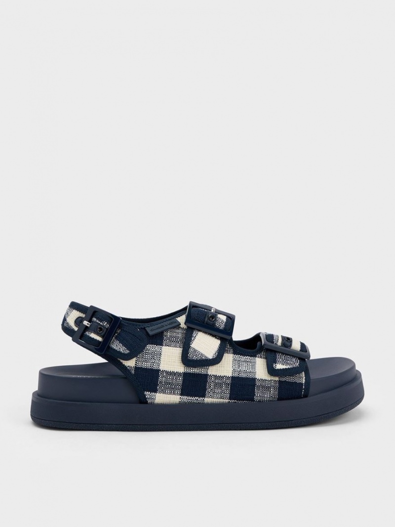 Charles & Keith Della Gingham Buckled Plateausandalen Dunkelblau | 321JHUXKW