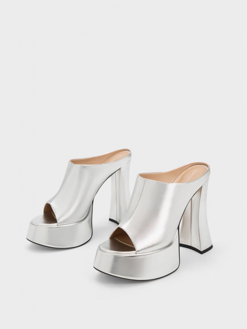 Charles & Keith Delphine Leder Metallic Plattform Mules Silber | 013ARSLIJ