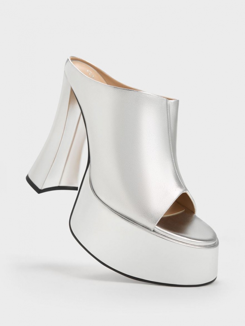 Charles & Keith Delphine Leder Metallic Plattform Mules Silber | 013ARSLIJ