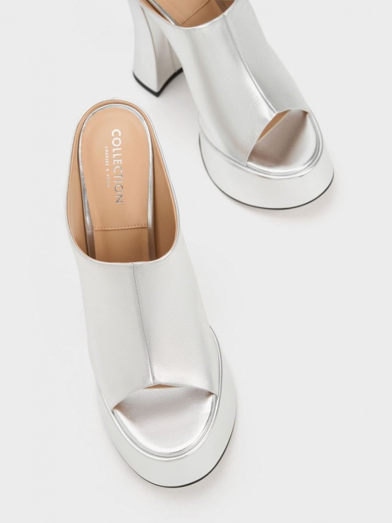 Charles & Keith Delphine Leder Metallic Plattform Mules Silber | 013ARSLIJ