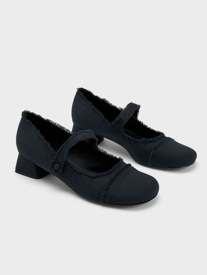 Charles & Keith Denim Block Heel Mary Jane Schuhe Dunkelblau | 816BOYIEM