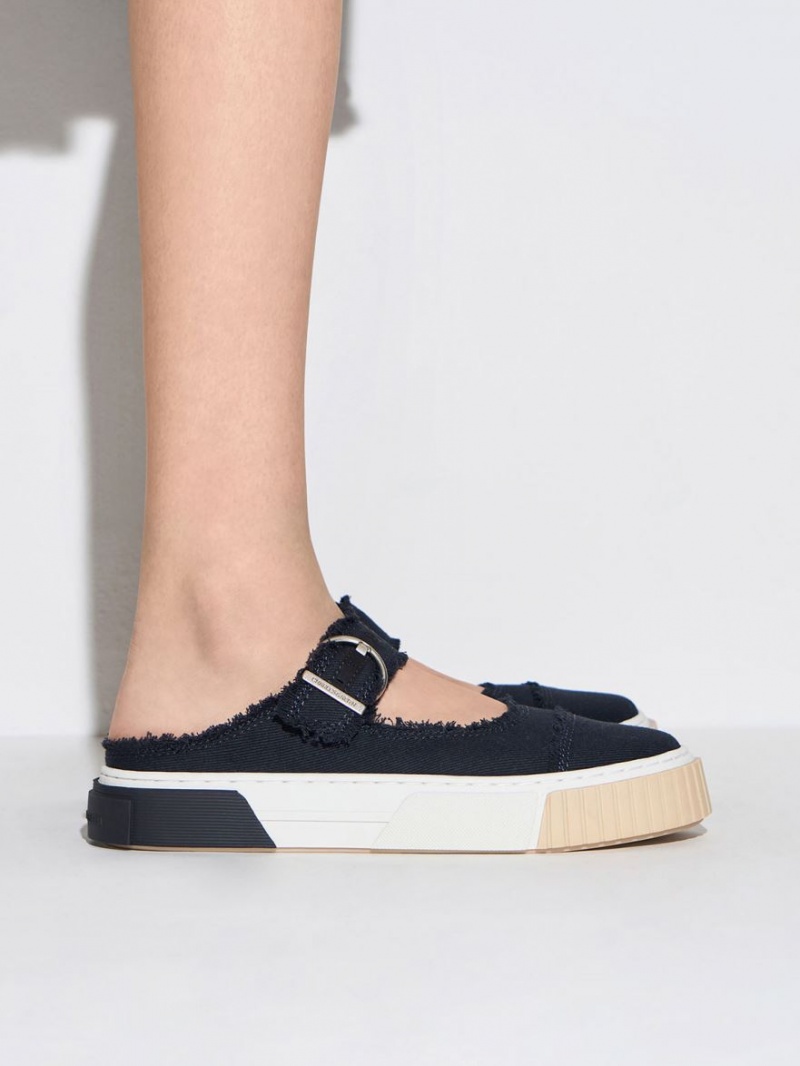 Charles & Keith Denim Buckled Slip On Sneakers Dunkelblau | 129OFLCPZ